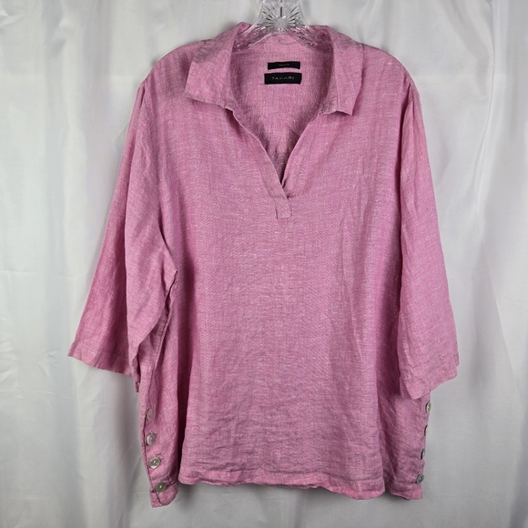 Tahari 100% Linen Pink 3/4 Sleeve V-Neck Lagenlook Tunic Top Plus Size 3X - Picture 1 of 12